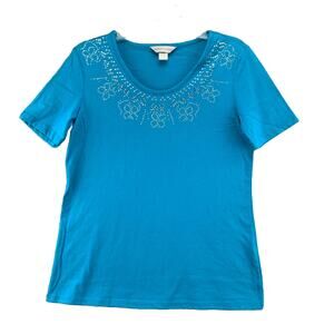 Christopher & Banks Women's Top Size Small Embellished Shirt Short Sleeve Blue